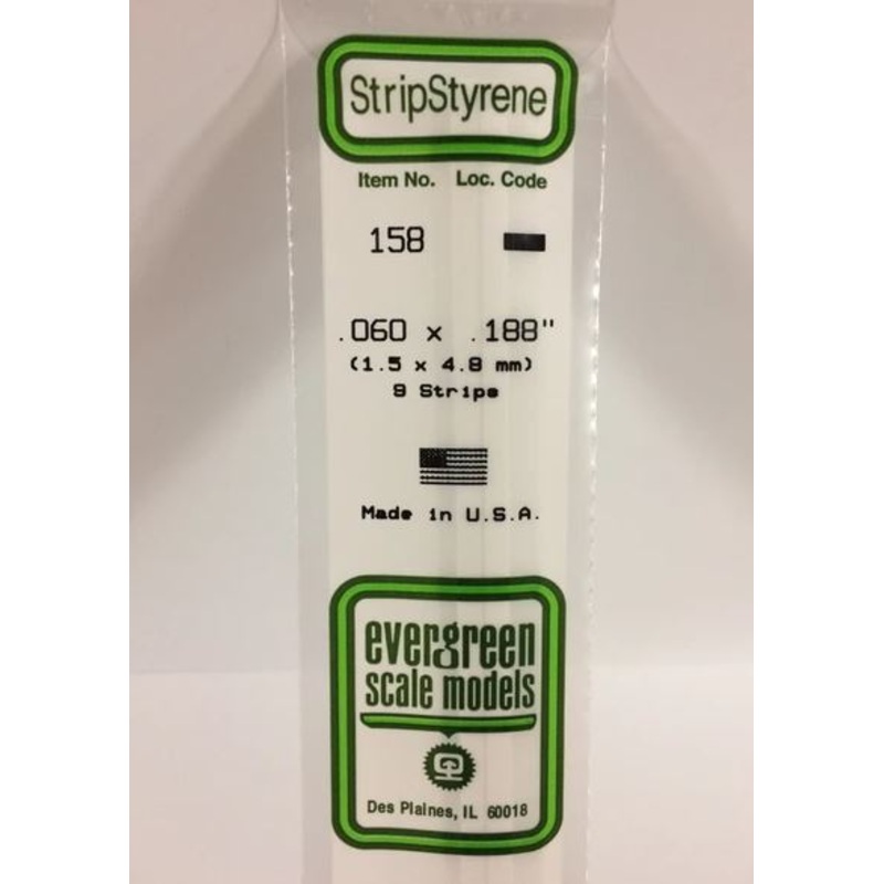 Evergreen 158 .060 x .188 (1.5mm x 4.8mm) Strips (9pcs)