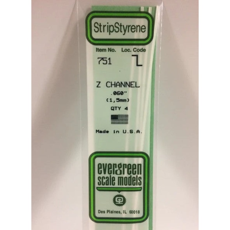 Evergreen 751 Z Channel .060 (1.5mm) Strips (4pcs)