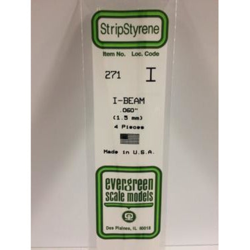 Evergreen #271 Styrene Shapes: I-Beam 4 pack 0.060 (1.5mm) x W: 0.048 (1.2mm) x FT: 0.009 (0.23mm) x WT: 0.016 (0.41mm)