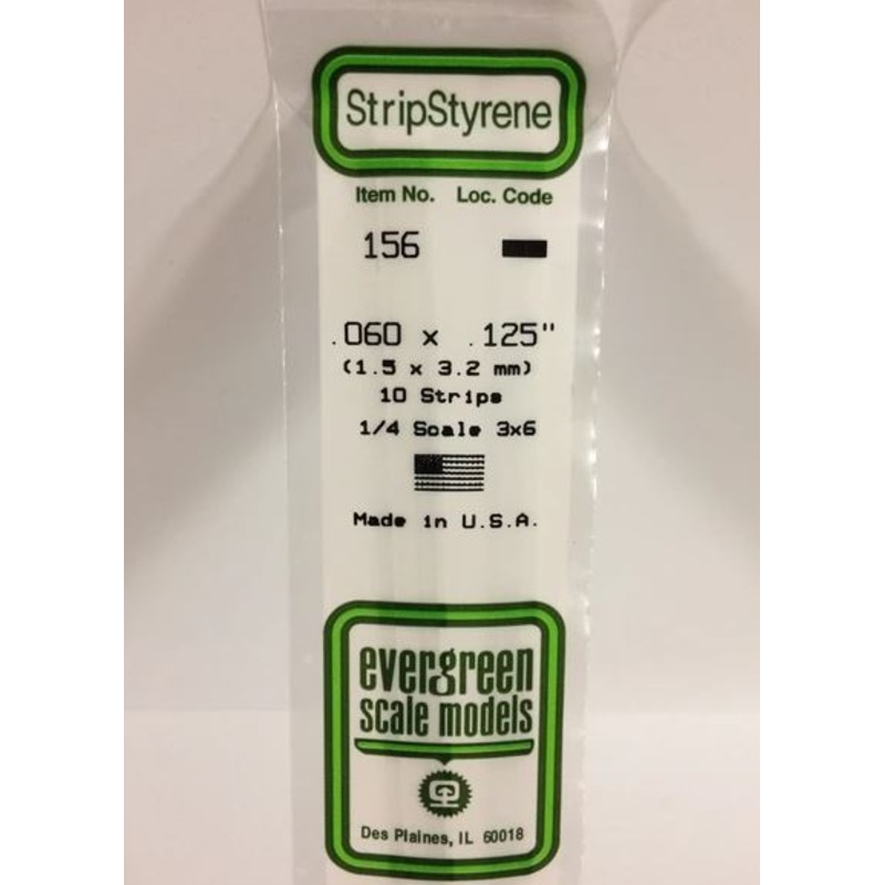 Evergreen 156 .060 x .125 (1.5mm x 3.2mm) Strips (10pcs)
