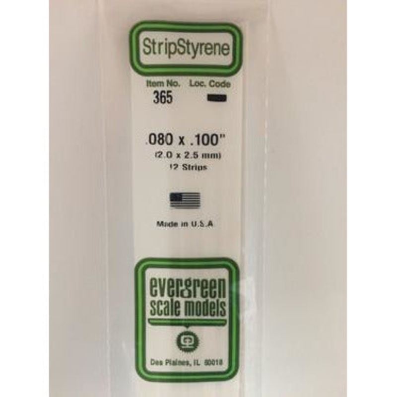 Evergreen #365 Styrene Strips: Dimensional 12 pack 0.080 (2.0mm) x 0.100 (2.5mm) x 24 (60cm)