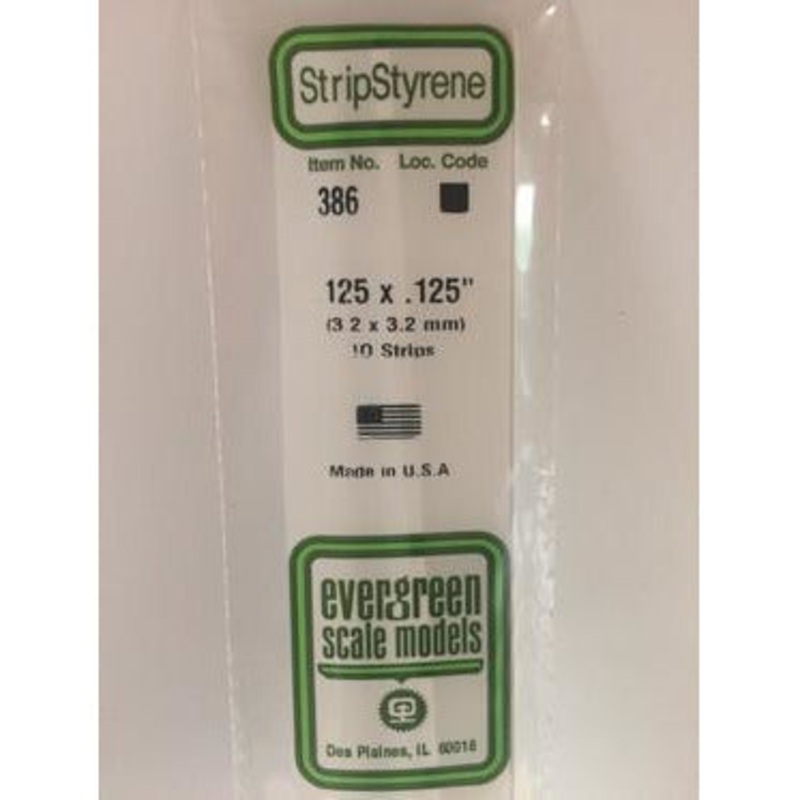 Evergreen #386 Styrene Strips: Dimensional 10 pack 0.125 (3.2mm) x 0.125 (3.2mm) x 24 (60cm)