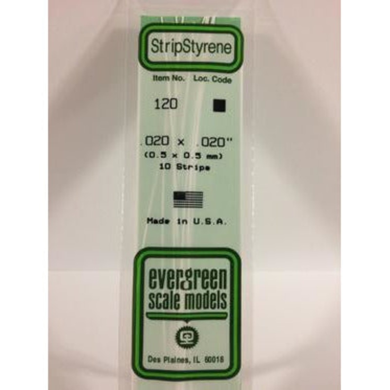 Evergreen #120 Styrene Strips: Dimensional 10 pack 0.020 (0.50mm) x 0.020 (0.50mm) x 14 (35cm)