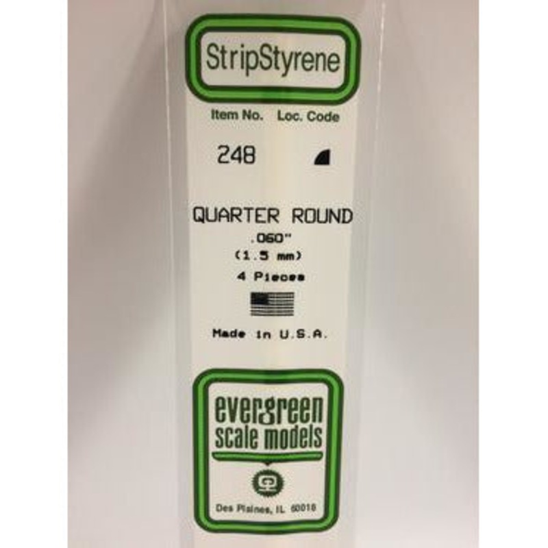 Evergreen #248 Styrene Shapes: Quarter Round 4 pack 0.060 (1.5mm) x 14 (35cm)