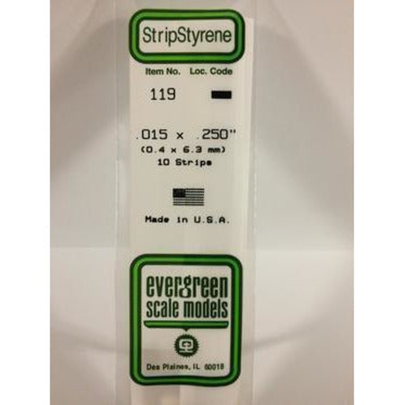 Evergreen #119 Styrene Strips: Dimensional 10 pack 0.015 (0.38mm) x 0.250 (6.3mm) x 14 (35cm)