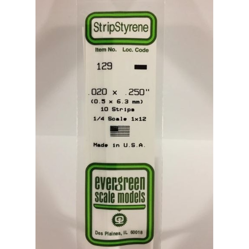 Evergreen 129 .020 x .250 (.5mm x 6.3mm) Strips (10pcs)