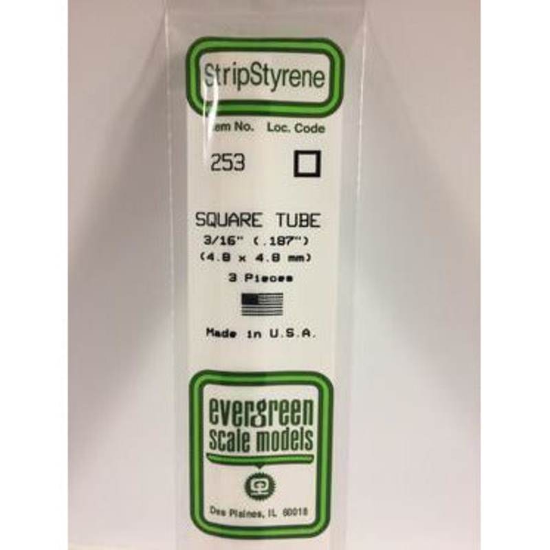 Evergreen #253 Styrene Tubes: Square 3/16 3 pack 0.187 (4.8mm) x 14 (35cm)