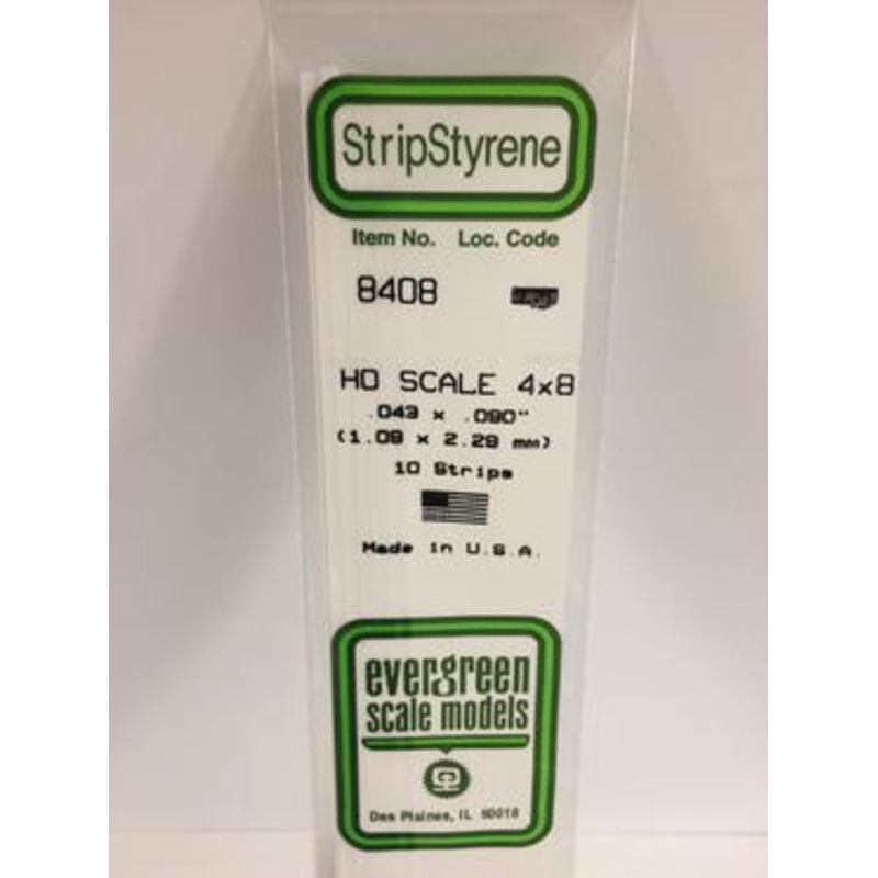 Evergreen #8408 – .043 X .090 / 1.1mm X 2.3mm Opaque White Polystyrene Ho Scale Strips (4×8)