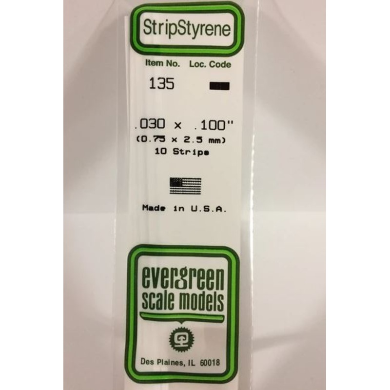 Evergreen 135 .030 x .100 (.75mm x 2.5mm) Strips (10pcs)