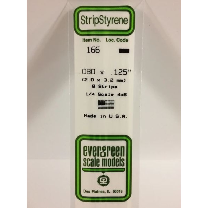 Evergreen 166 .080 x .125 (2mm x 3.2mm) Strips (8pcs)
