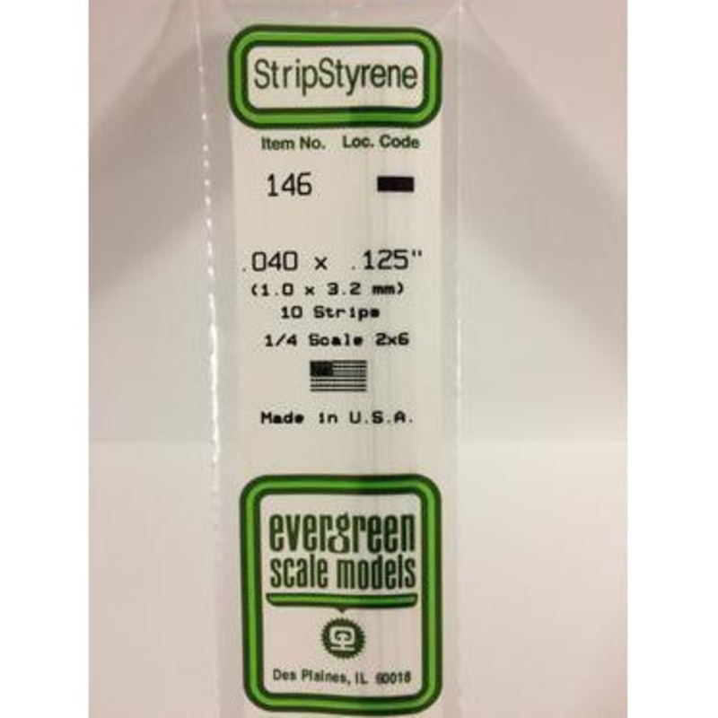 Evergreen #146 Styrene Strips: Dimensional 10 pack 0.040 (1.0mm) x 0.125 (3.2mm) x 14 (35cm)