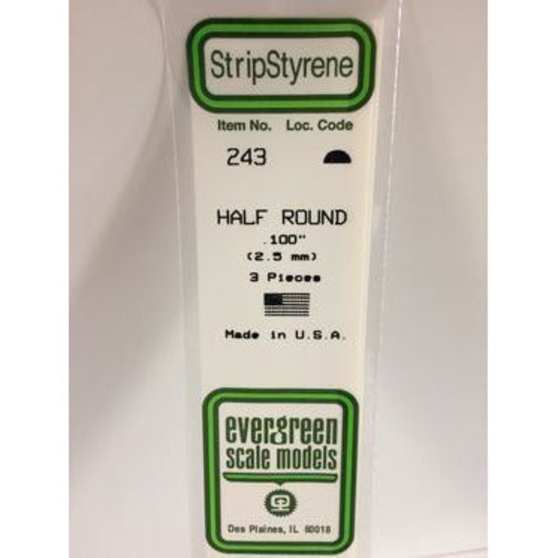 Evergreen #243 Styrene Shapes: Half Round 3 pack 0.100 (2.5mm) x 14 (35cm)