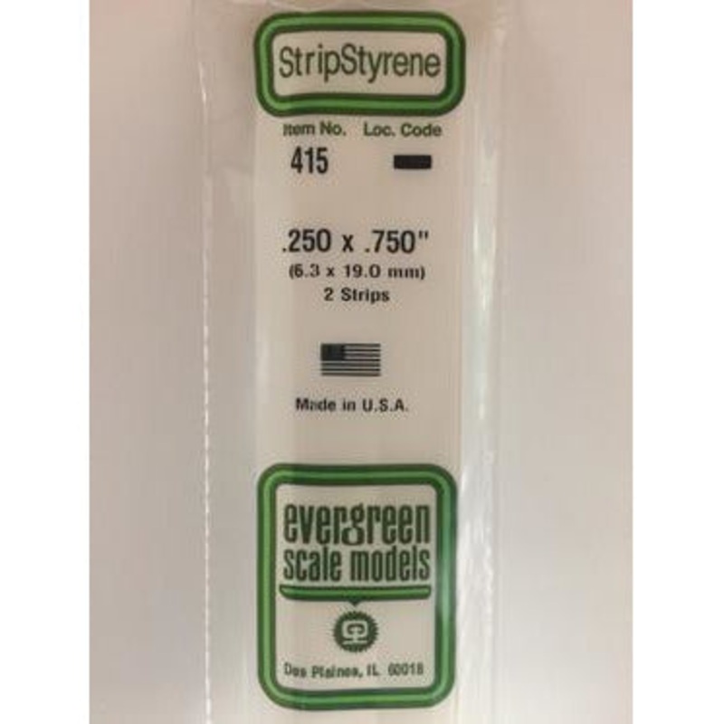 Evergreen #415 Styrene Strips: Dimensional 2 pack 0.250 (6.3mm) x 0.750 (19.0mm) x 24 (60cm)