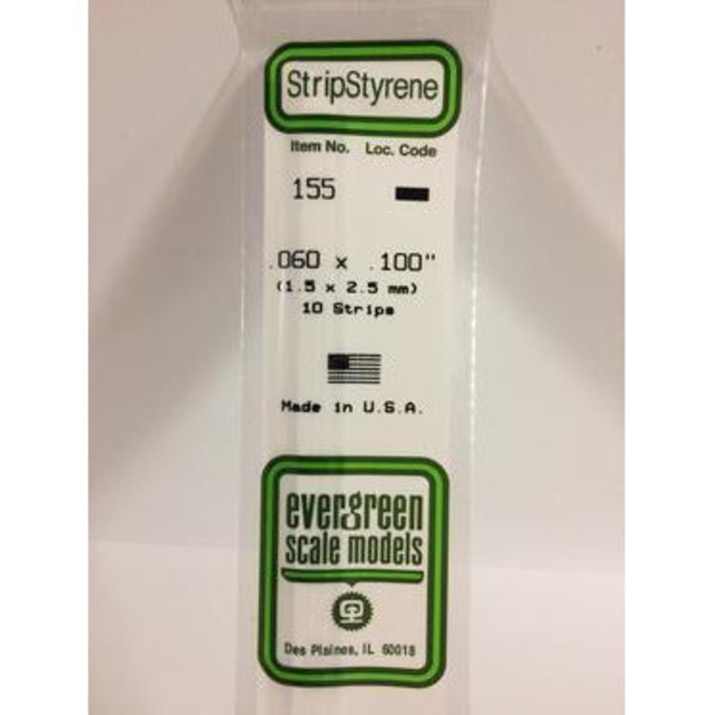 Evergreen #155 Styrene Strips: Dimensional 10 pack 0.060 (1.5mm) x 0.100 (2.5mm) x 14 (35cm)