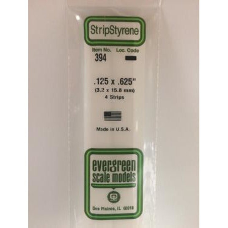 Evergreen #394 Styrene Strips: Dimensional 4 pack 0.125 (3.2mm) x 0.625 (15.8mm) x 24 (60cm)