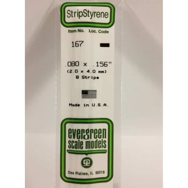 Evergreen 167 .080 x .156 (2mm x 4mm) Strips (8pcs)