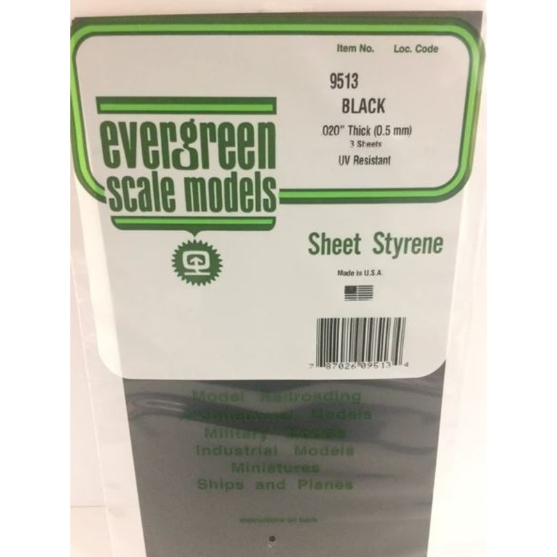 Evergreen 9513 .020 (0.51mm) Black Sheet (3pcs)
