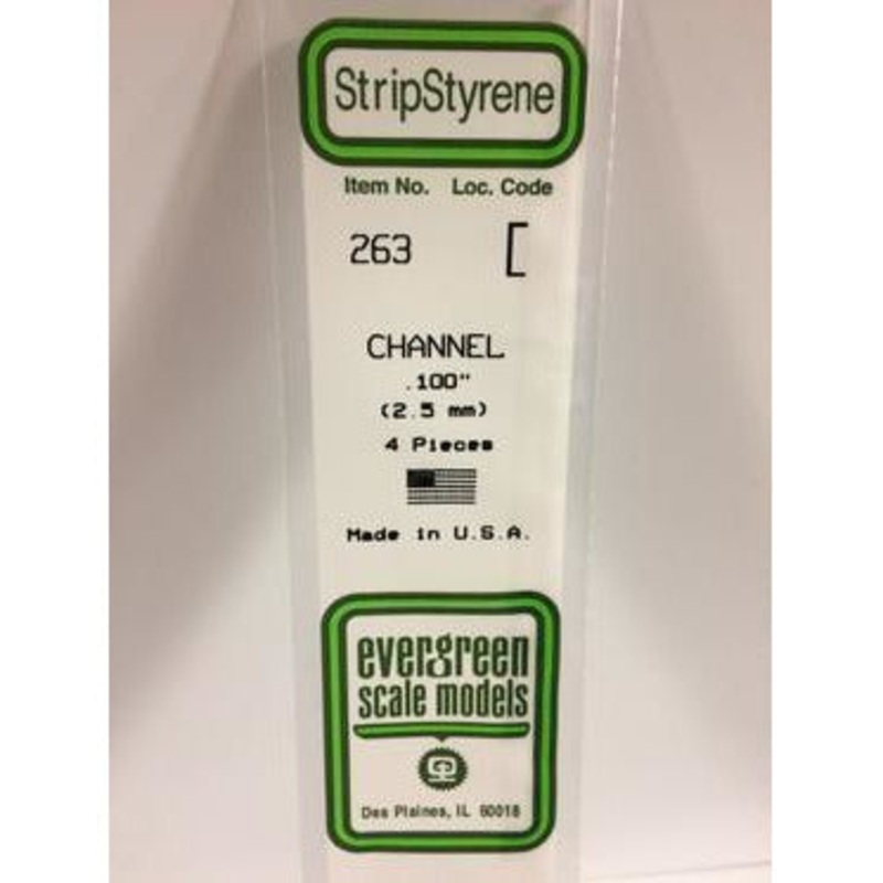 Evergreen #263 Styrene Shapes: Channel 4 pack 0.100 (2.5mm) x W: 0.042 (1.1mm) x FT: 0.010 (0.25mm) x WT: 0.019 (0.51mm)
