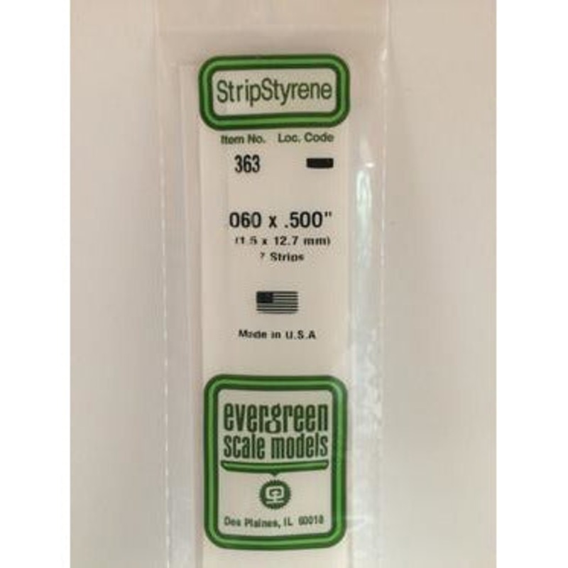 Evergreen #363 Styrene Strips: Dimensional 7 pack 0.060 (1.5mm) x 0.500 (12.7mm) x 24 (60cm)