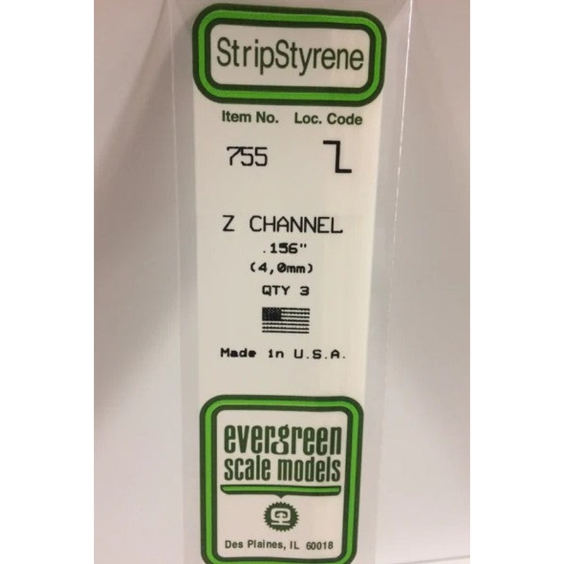 Evergreen 755 Z Channel .156 (4.0mm) Strips (3pcs)