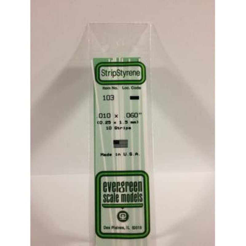 Evergreen #103 Styrene Strips: Dimensional 10 pack 0.010 (0.25mm) x 0.060 (1.5mm) x 14 (35cm)