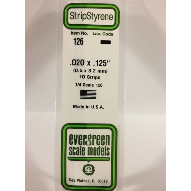 Evergreen 126 .020 x .125 (.5mm x 3.2mm) Strips (10pcs)