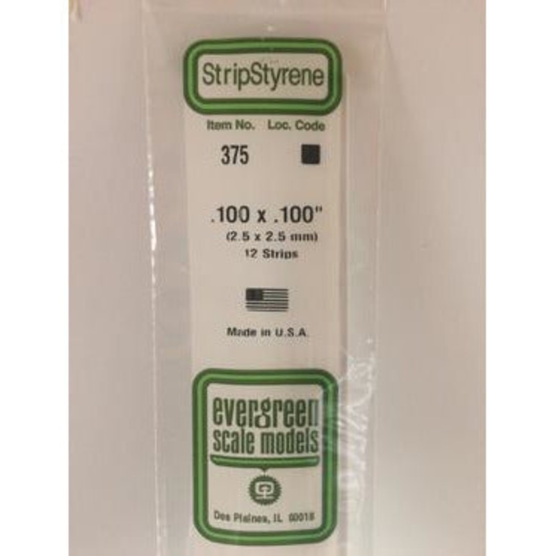 Evergreen #375 Styrene Strips: Dimensional 12 pack 0.100 (2.5mm) x 0.100 (2.5mm) x 24 (60cm)