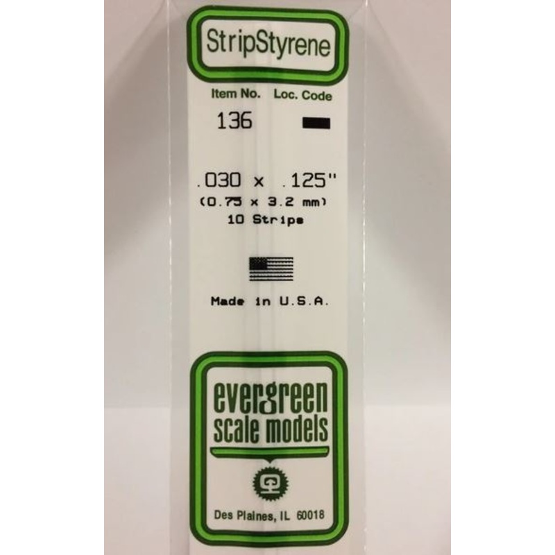 Evergreen 136 .030 x .125 (.75mm x 3.2mm) Strips (10pcs)