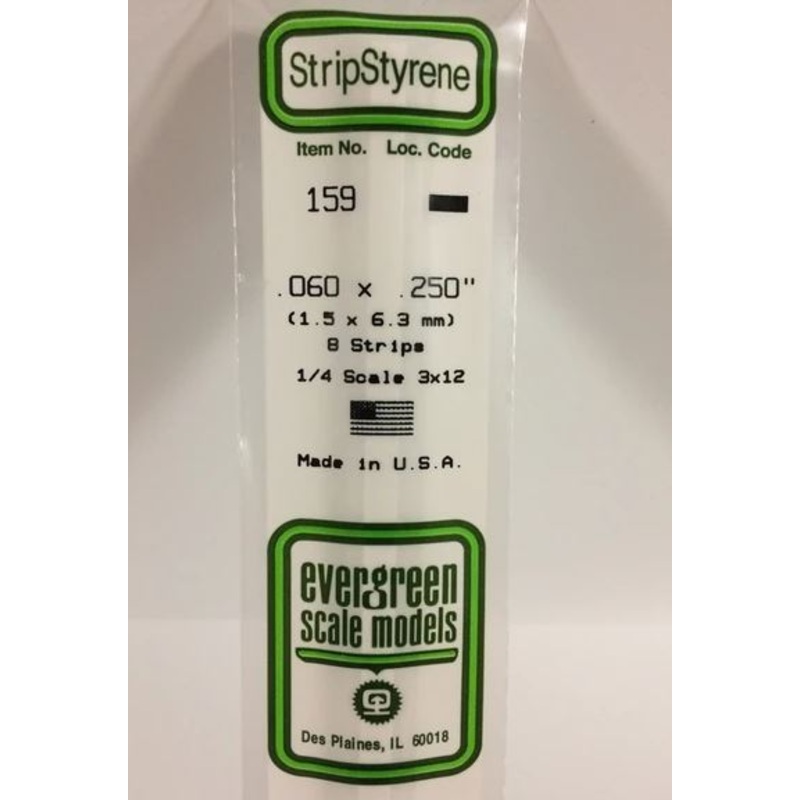 Evergreen 159 .060 x .250 (1.5mm x 6.3mm) Strips (8pcs)