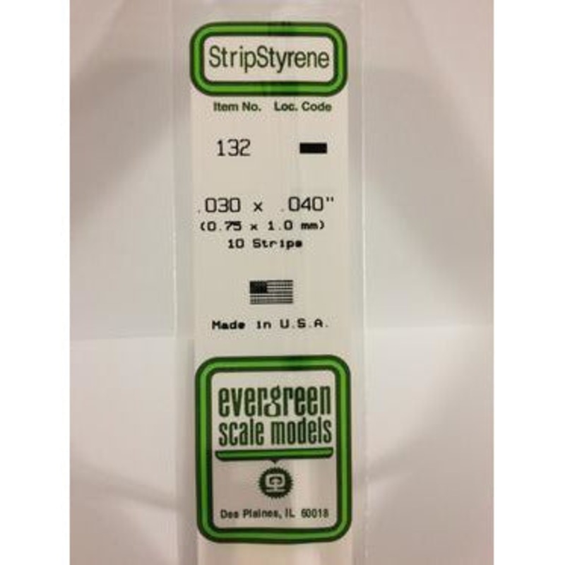 Evergreen #132 Styrene Strips: Dimensional 10 pack 0.030 (0.75mm) x 0.040 (1.05mm) x 14 (35cm)