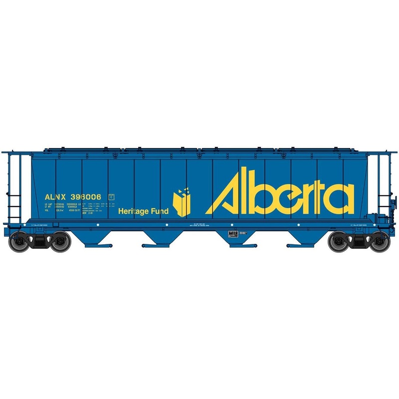 59′ Cylindrical Hopper – Ready to Run — Alberta ALNX #396006 (blue, yellow; Heritage Fund Logo, Large Name)
