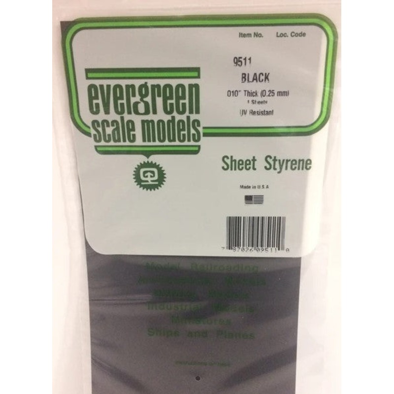Evergreen 9511 .010 / .25mm Thick Black Sheet (4pcs)