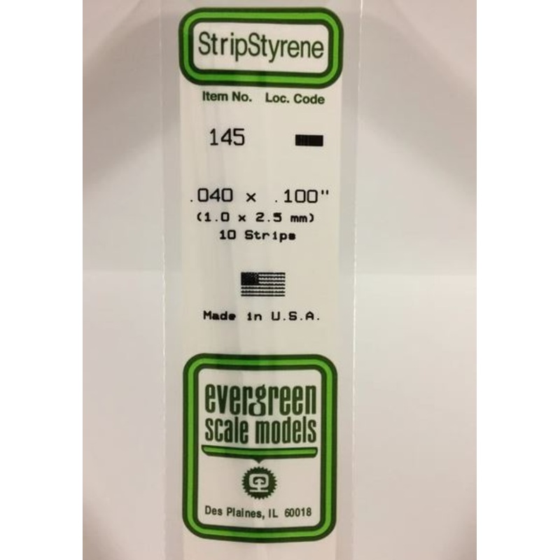 Evergreen 145 .040 x .100 (1mm x 2.5mm) Strips (10pcs)