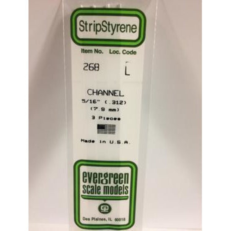 Evergreen #268 Styrene Shapes: Channel 3 pack 0.312 (7.9mm) x W: 0.094 (2.4mm) x FT: 0.020 (0.51mm) x WT: 0.028 (0.71mm)