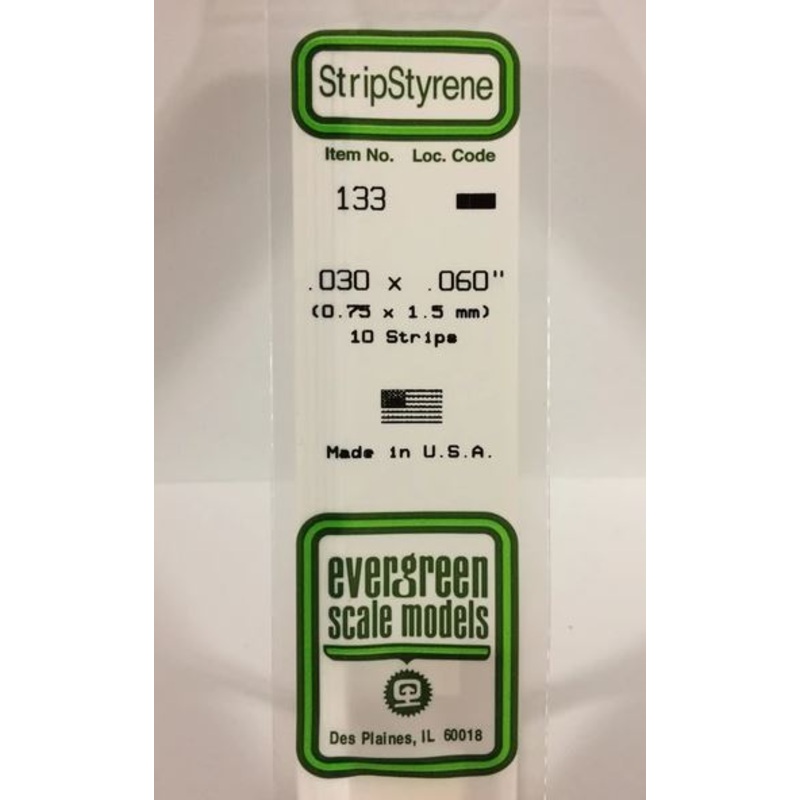 Evergreen 133 .030 x .060 (.75mm x 1.5mm) Strips (10pcs)