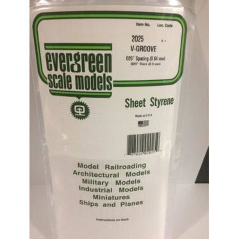 Evergreen #2025 Styrene Siding: 0.020 V-Groove 0.025 (0.64mm) Spacing 6 x 12