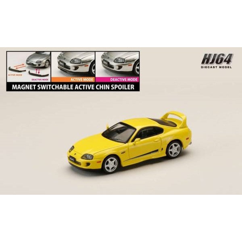 [ Back-order ] Hobby Japan HJ643042Y 1:64 Toyota SUPRA RZ JZA80 GENUINE CUSTOMIZED VERSION with Active Spoiler Parts SUPER BRIGHT YELLOW Diecast model car