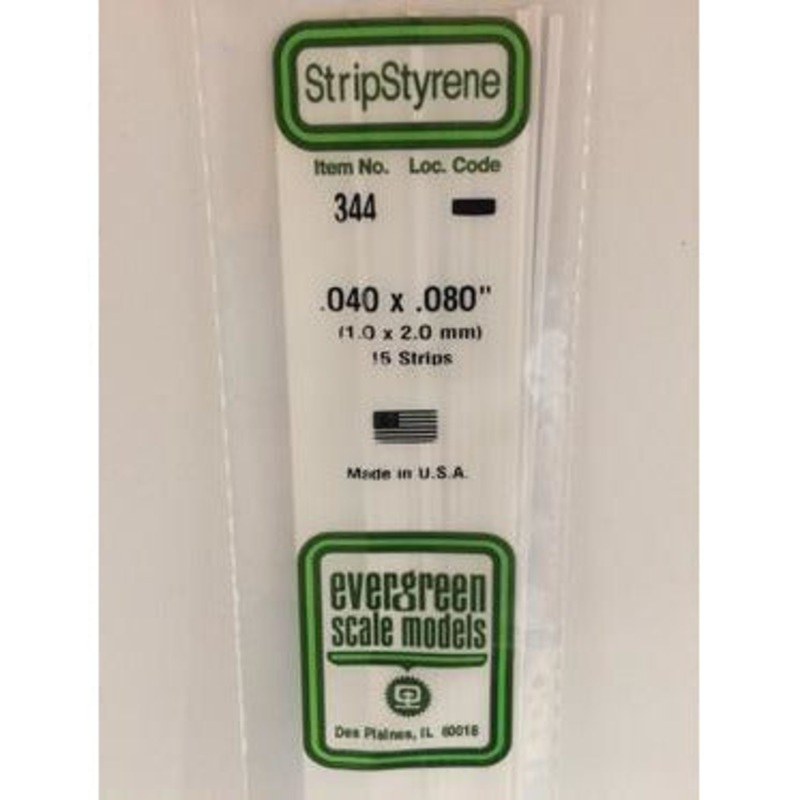 Evergreen #344 Styrene Strips: Dimensional 15 pack 0.040 (1.0mm) x 0.080 (2.0mm) X 24 (60cm)