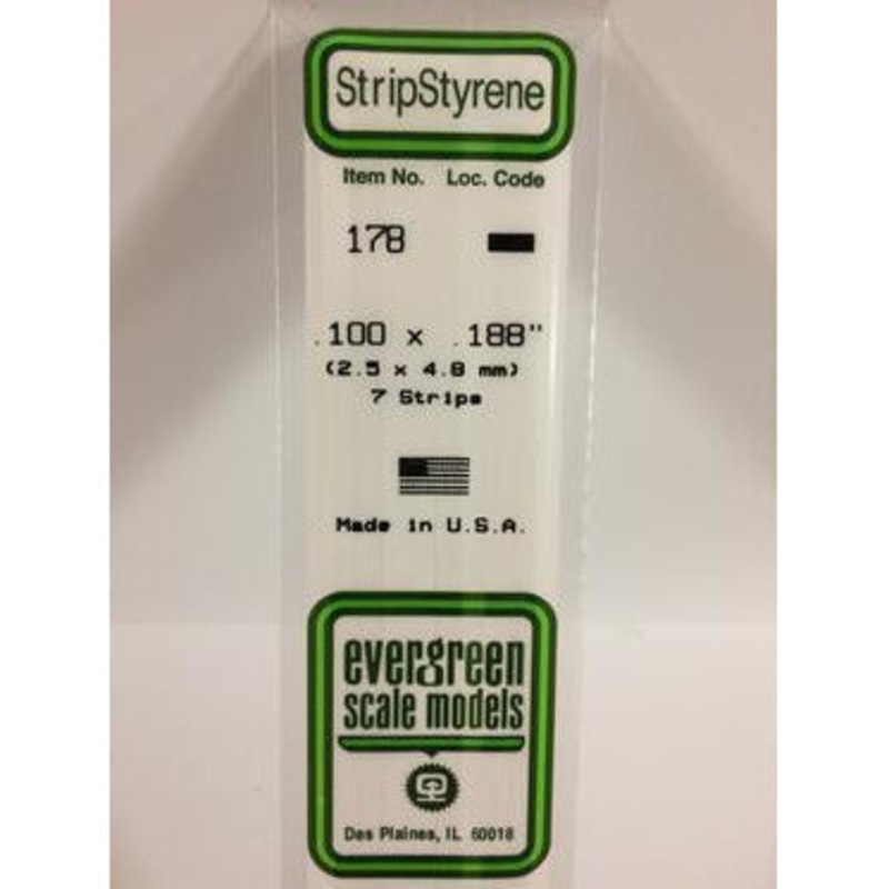 Evergreen #178 Styrene Strips: Dimensional 7 pack 0.100 (2.5mm) x 0.188 (4.8mm) x 14 (35cm)