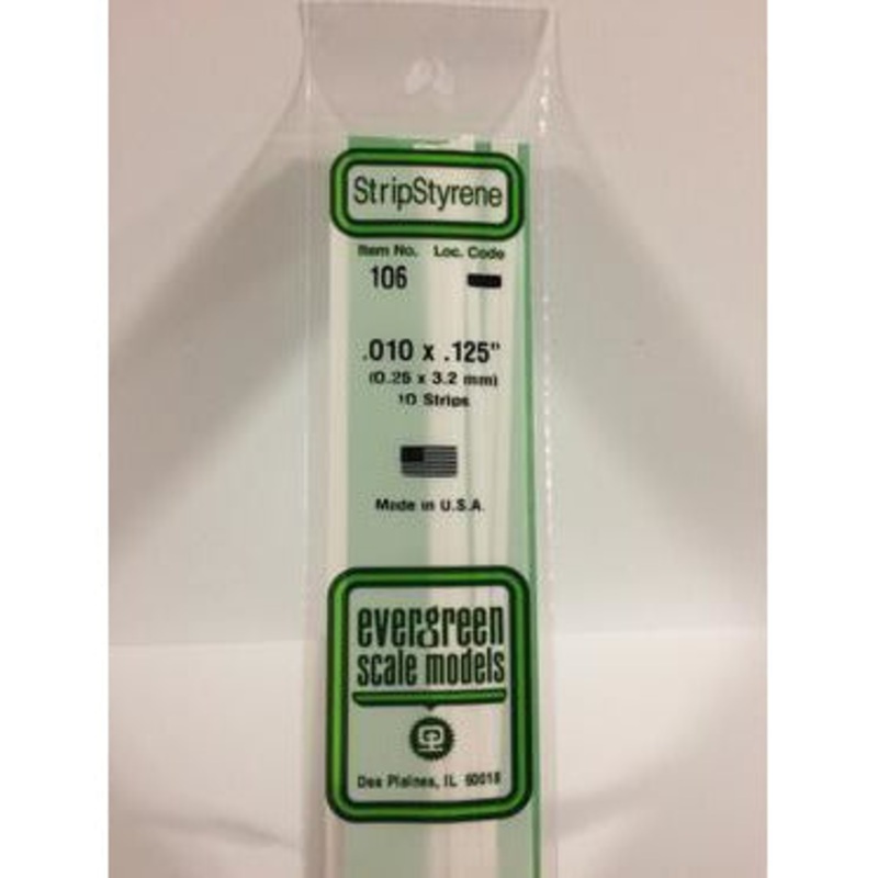 Evergreen #106 Styrene Strips: Dimensional 10 pack 0.010 (0.25mm) x 0.125 (3.2mm) x 14 (35cm)