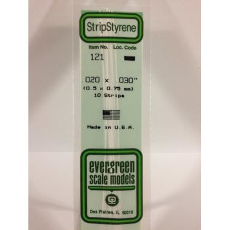 Evergreen #121 Styrene Strips: Dimensional 10 pack 0.020 (0.50mm) x 0.030 (0.75mm) x 14 (35cm)