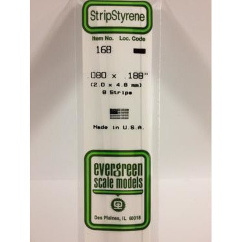 Evergreen #168 Styrene Strips: Dimensional 8 pack 0.080 (2.0mm) x 0.188 (4.8mm) x 14 (35cm)