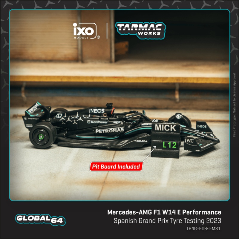 (PRE-ORDER) Tarmac Works 1:64 Mercedes-AMG F1 W14 E Performance, Spanish Grand Prix Tyre Testing 2023, Mick Schumacher