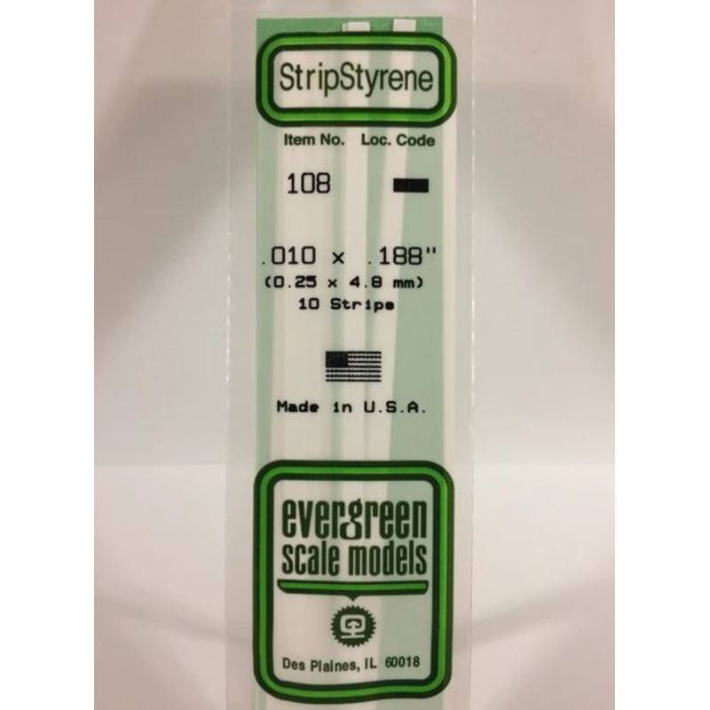 Evergreen 108 .010 x .188 (0.25 x 4.8mm) Strips (10pcs)