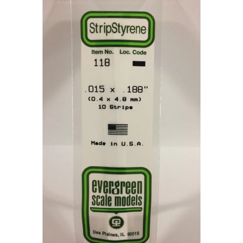 Evergreen 118 .015 x .188 (.38mm x 4.8mm) Strips (10pcs)