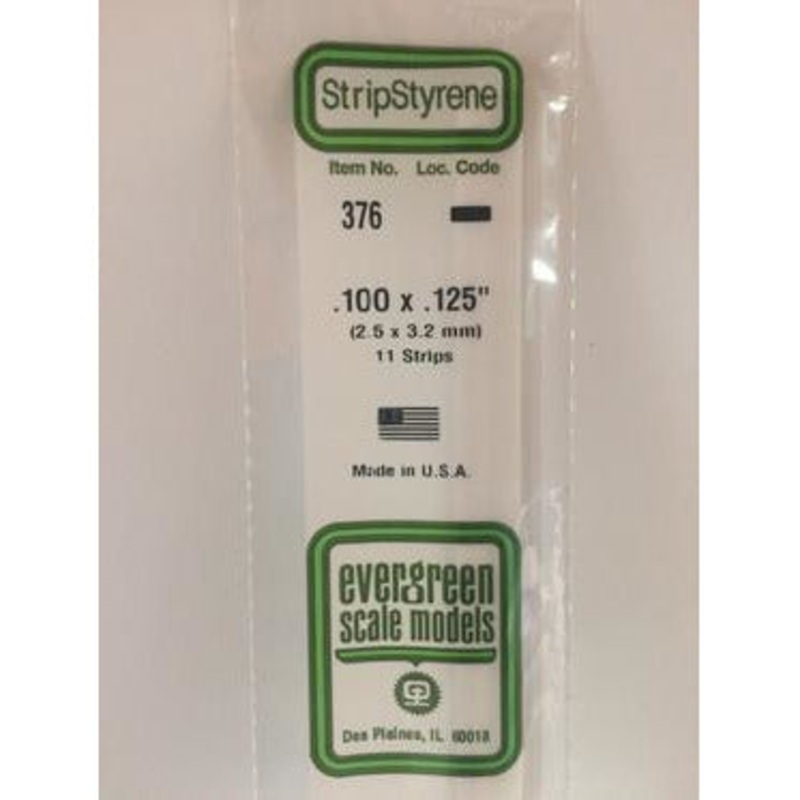 Evergreen #376 Styrene Strips: Dimensional 11 pack 0.100 (2.5mm) x 0.125 (3.2mm) x 24 (60cm)