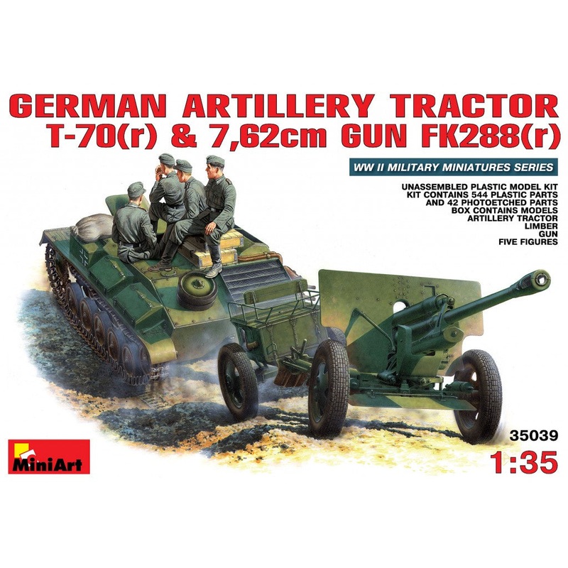 German Artillery Tractor T-70 (r) & Gun w/Crew 1/35 #35039 by Miniart