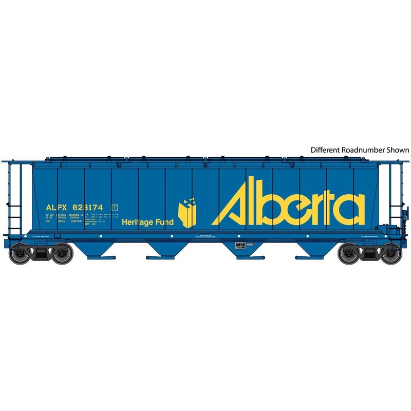 59′ Cylindrical Hopper – Ready to Run — Alberta ALPX #628267 (blue, yellow; Heritage Fund Logo, Large Name)