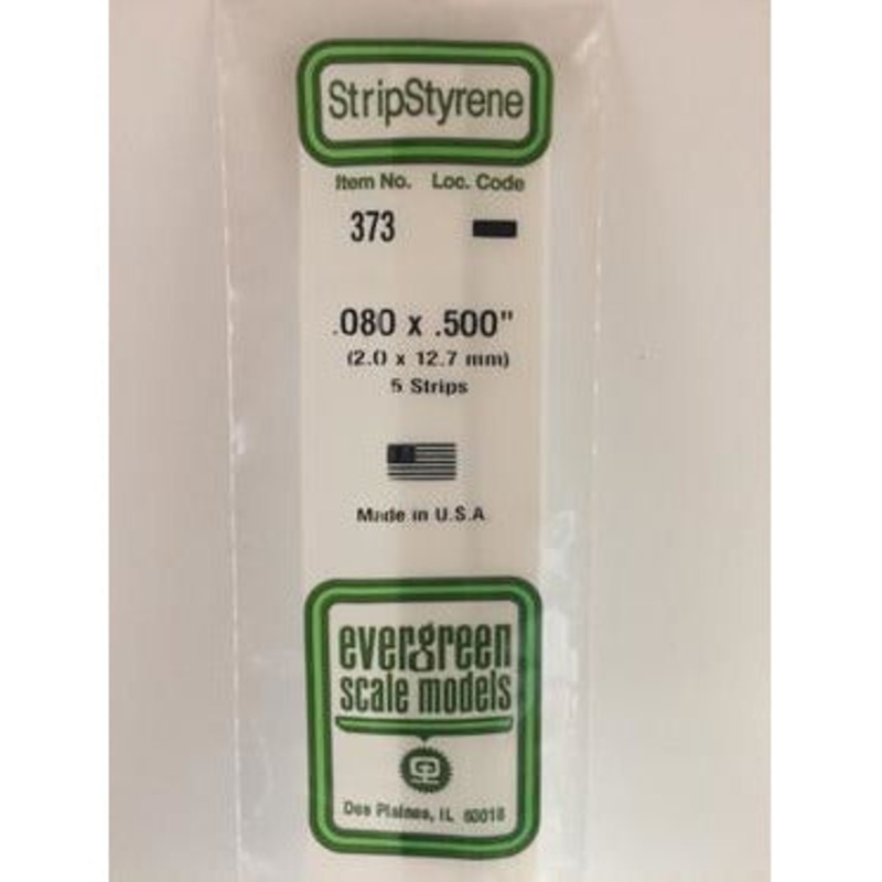 Evergreen #373 Styrene Strips: Dimensional 5 pack 0.080 (2.0mm) x 0.500 (12.7mm) x 24 (60cm)