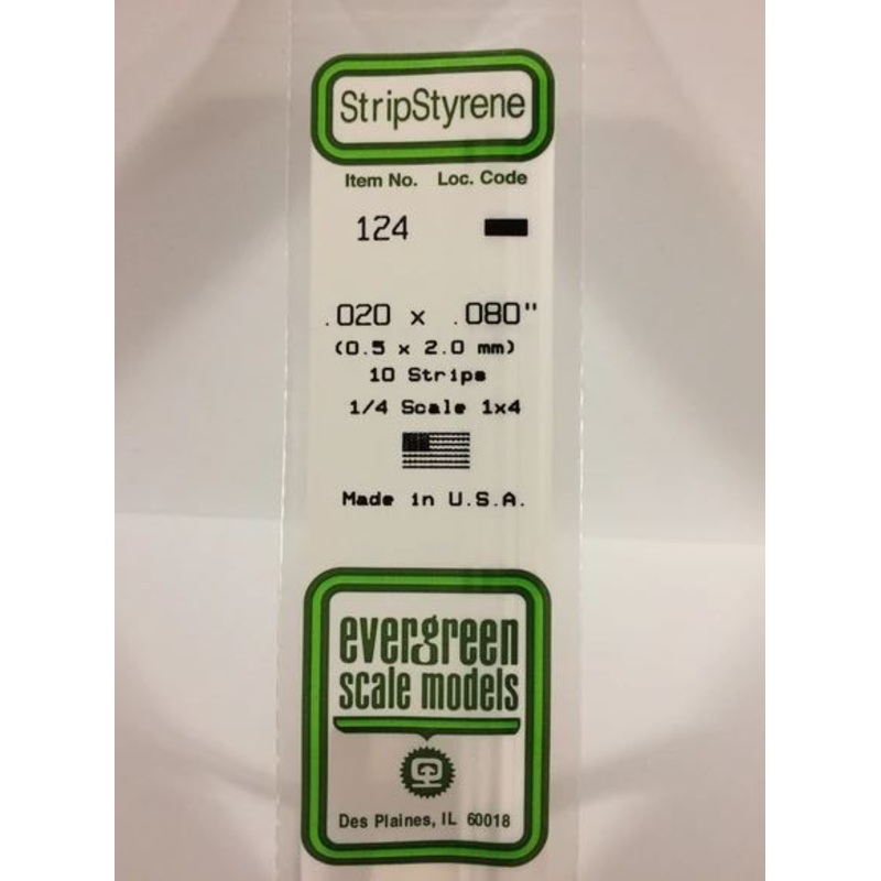 Evergreen 124 .020 x .080 (.5mm x 2.0mm) Strips (10pcs)